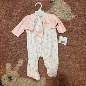 Little Me NWT Girl's 3Months Snap Footed Outfit w/ Hat Pink Bunny Bow Stripes